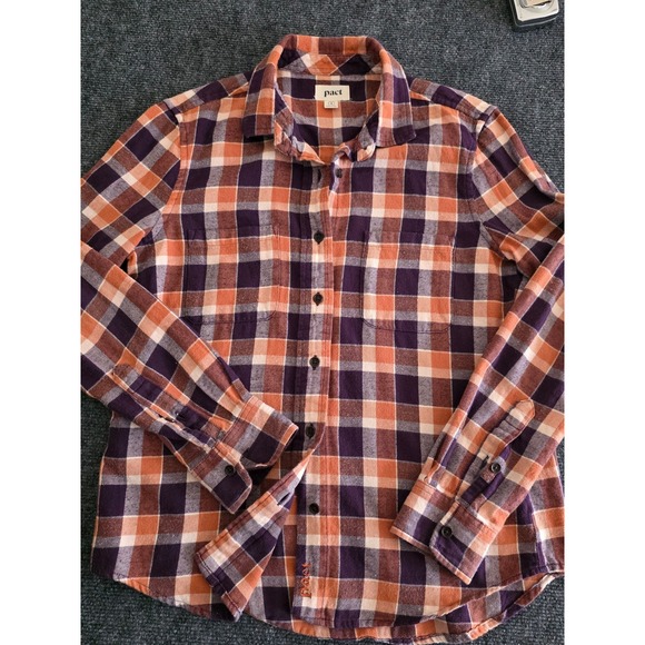 Pact Tops - PACT Mila Women Flannel Shirt Small Orange Purple Plaid Organic Cotton Button Up